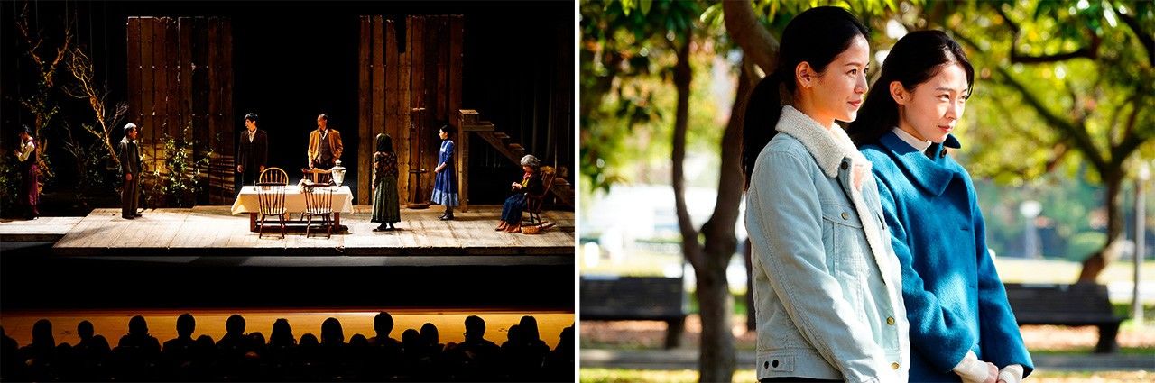 電影裡上演的多語言劇碼《瓦尼亞伯父》(左圖)與兩位舞臺劇演員。左起:來自臺灣的珍妮絲(袁子芸飾),手語演者、來自韓國的李允兒(朴有林飾) (C)2021《在車上》製作委員會