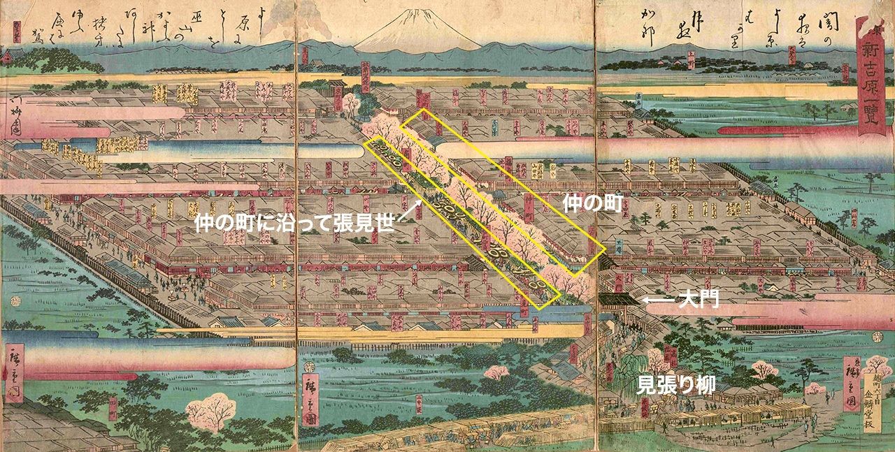 「見返柳」和大門,進門後是主路仲之町,路兩邊都是張見世。見返柳據說是因男人們在吉原尋歡完後,會在此依依不捨地回望而得名 / 《東都新吉原一覽》東京都立中央圖書館特別文庫室