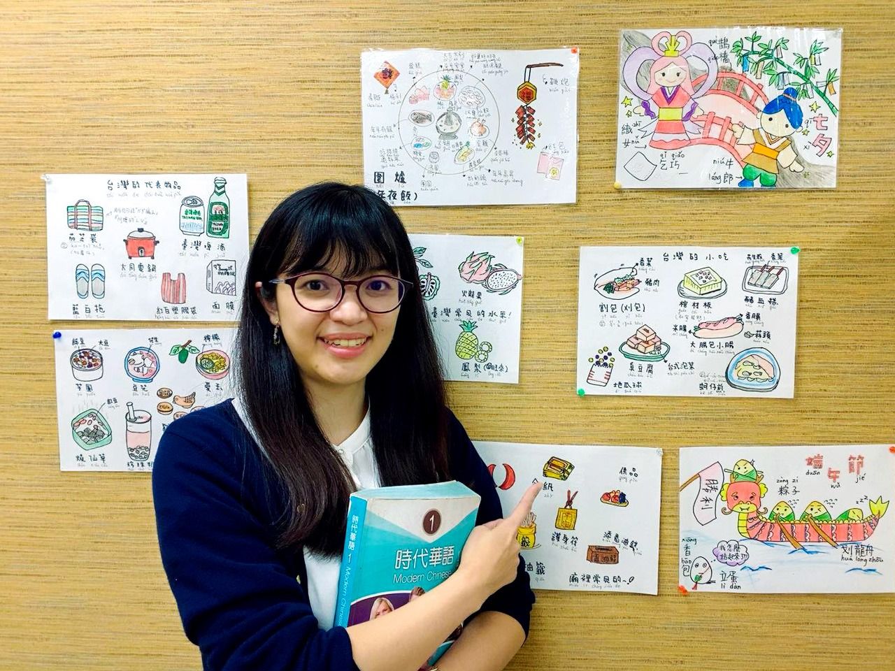 台灣華語教室內，有筆者親自手繪的教材，介紹台灣傳統文化。