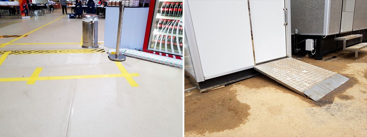 平昌帕運的選手餐廳。地板上有一些因為佈線而隆起的地方(左)。選手村的輪椅洗手間(右)的坡臺上沒有一個平臺