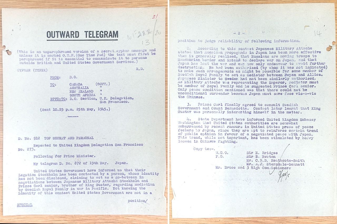英國自治領部發給加拿大等地的電文，內容是關於小野寺開展終戰工作的最高機密情報，1945年5月25日