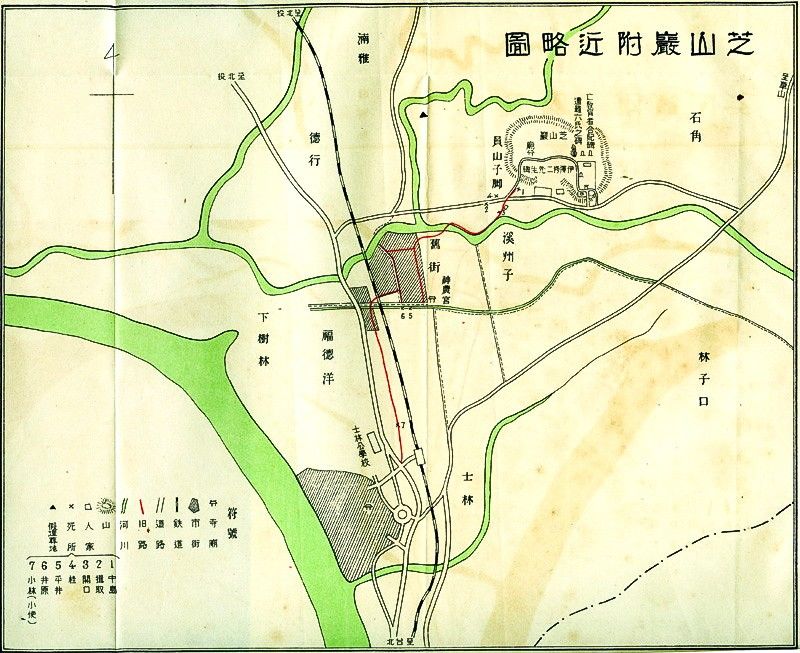 日本統治時代的芝山巖附近略圖，位置靠近台北市北部的士林。芝山巖北側有以溫泉聞名的草山（現為陽明山）。