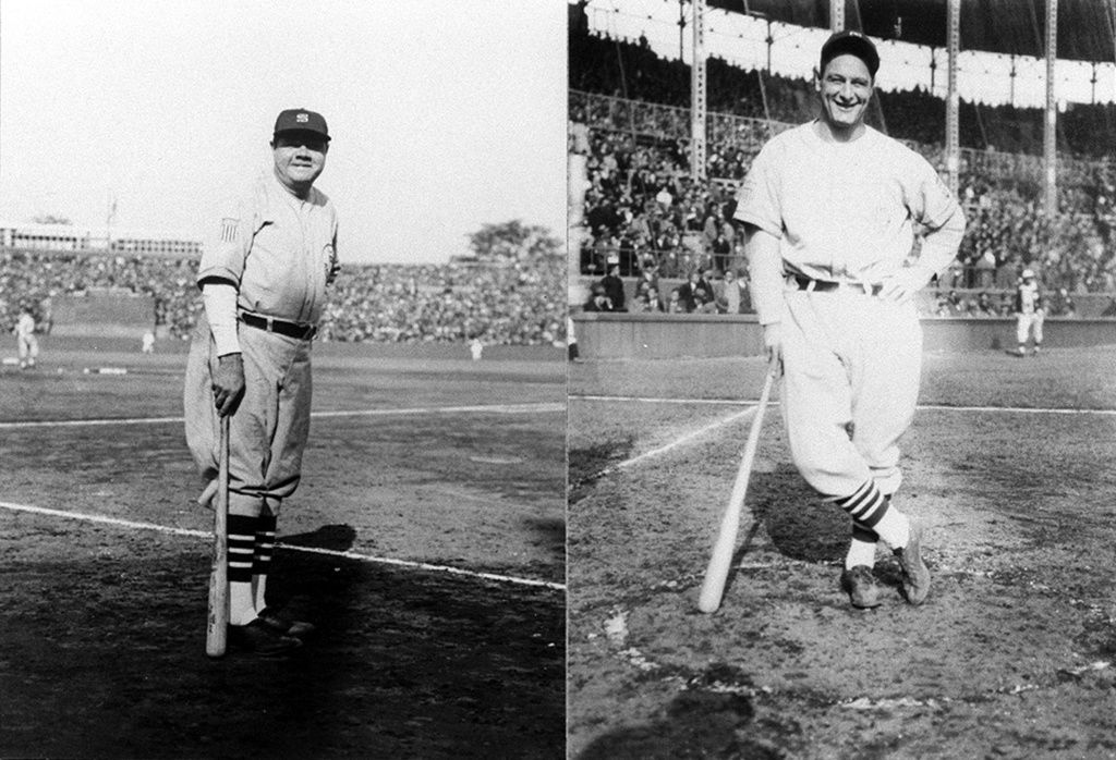貝比．魯斯（左）和盧．蓋瑞格（右）1934年來到日本參加全日美棒球對抗賽，魯斯敲出13支全壘打（共同）