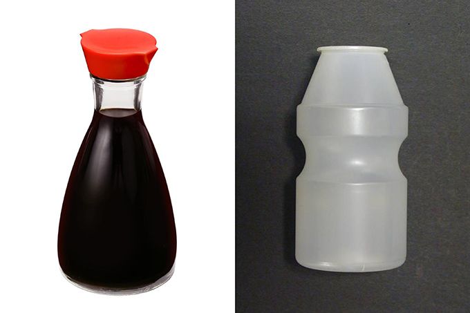 左圖為「餐桌醬油瓶」（第6031041號）；右圖為「養樂多塑膠容器」（第5384525號）（圖片取自專利資訊平臺「J-PlatPat」）