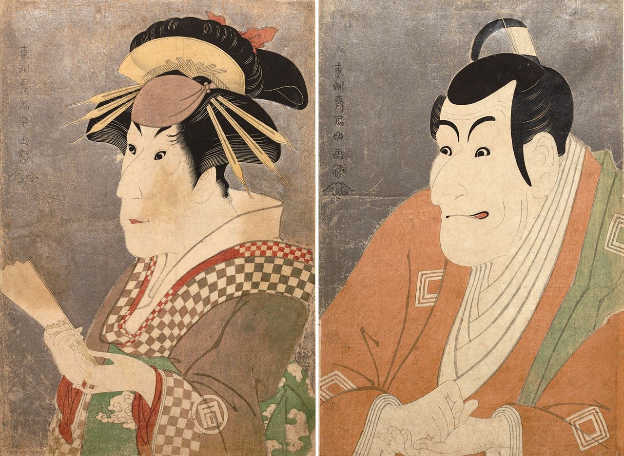 《三代目佐野川市松的祇園町白粉藝妓Onayo》(左)沒有繪成美人畫,而是刻意凸顯了反串演員的男性特徵(東京國立博物館藏。圖片:ColBase)。《市川鰕藏的竹村定之進》(右)當時首屈一指的演員那穩健的表演功力躍然紙上(東京國立博物館藏。圖片:ColBase)