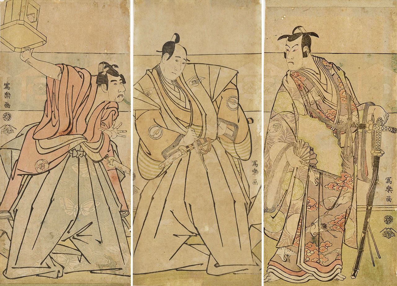 從左至右依次為《二代目坂東三津五郎的曾我五郎時致》《三代目澤村宗十郎的曾我十郎祐成》《三代目坂東彥三郎的工藤左衛門祐經》,這是以曾我兄弟為主題的新年傳統劇碼三聯畫(東京國立博物館藏。圖片:ColBase)