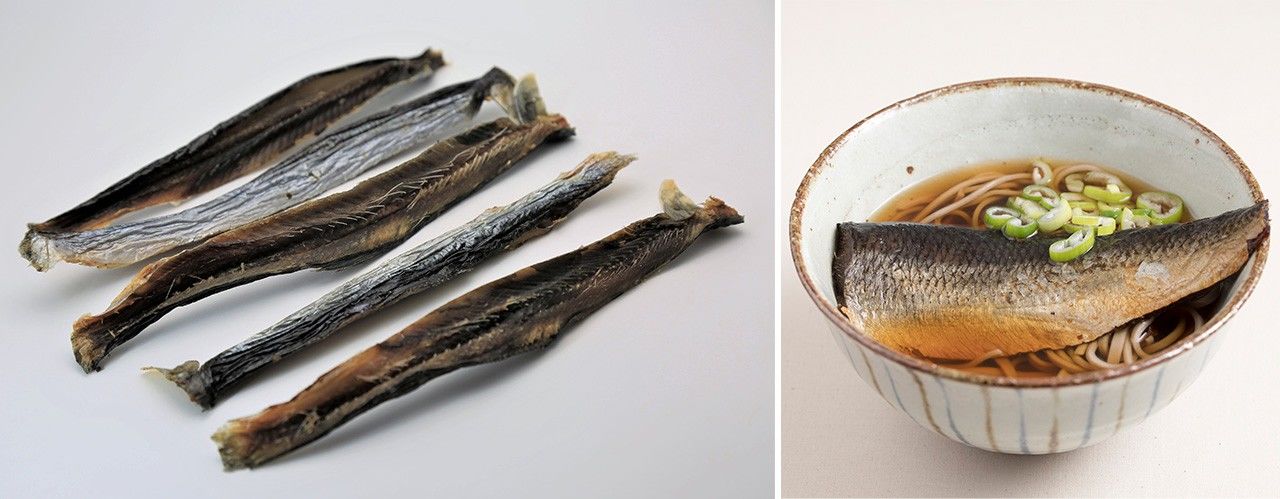 左:鯡魚乾(PIXTA)右:北海道的鯡魚蕎麥麵(農林水產省 「我們的鄉土料理」)