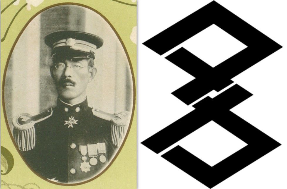 日本統治時代曾任台灣的總務長官下村宏（左）與高雄市過去市徽（1924-1945），取自片假名的「カタ」