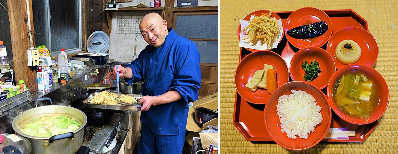 淺見住持35歲時辭去了上班族的工作遁入佛門，在京都妙心寺修行。盛放素齋的是朱漆容器。最受歡迎的是淡味噌醬調味的大陽寺特色什錦菜湯汁