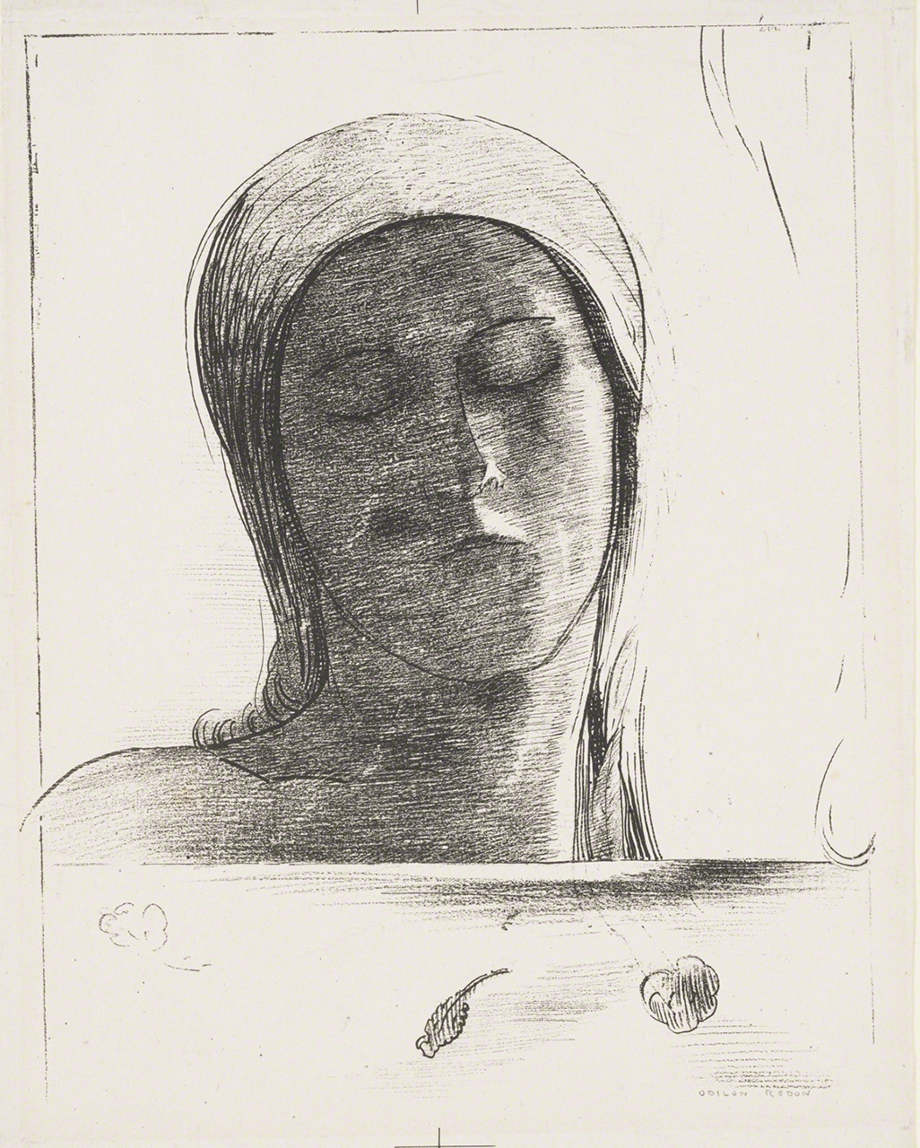 奧迪隆·雷東的畫作《閉上眼睛》。1890年創作。 29.5×23.7㎝。平板畫/紙。岐阜縣美術館藏。【三菱一號館美術館（東京丸之內）舉辦的《1894 Visions 雷東與勞特雷克畫展》（截至2021年1月17日）參展作品】