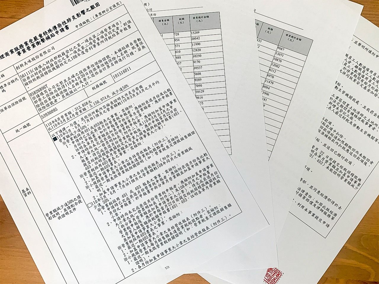 臺灣政府為業者發放新冠疫情的紓困金的申請書（筆者攝影）