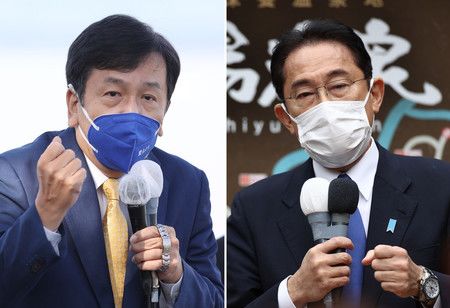 眾議院選舉公告後,出席發聲的首相岸田文雄(右)與立憲民主黨主席枝野幸男=19日上午