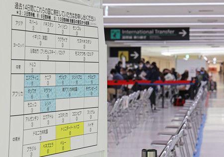 抵達成田機場後，在排隊等待檢疫的旅客們（後方）＝29日下午、千葉縣成田市