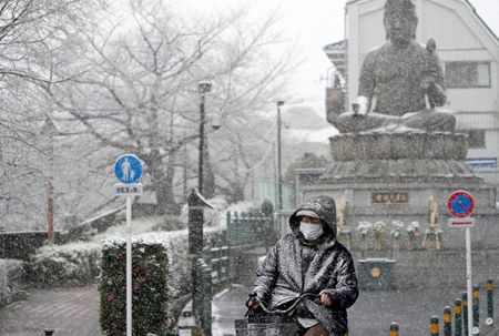 大雪紛飛中騎腳踏車經過的女性＝6日、東京都内（EPA時事）
