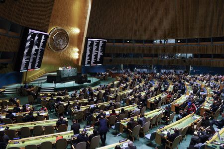 7日、於紐約聯合國總部就決議案進行議決的緊急特別會議(EPA時事)
