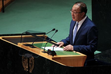 8日於紐約的聯合國總部召開的會議中演說的中國駐聯合國大使張軍（路透時事）