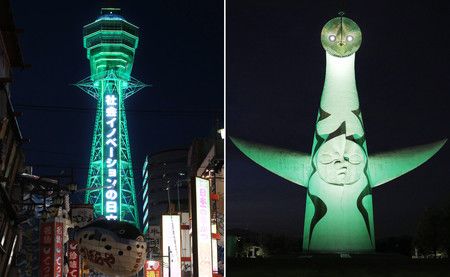 大阪通天閣（圖左，大阪市浪速區）與太陽塔（圖右，大阪府吹田市）亮綠燈，代表大阪府政府解除歇業要求（14日晚）