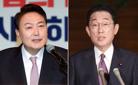 首相岸田文雄（右）與韓國總統尹錫悦（EPA時事）