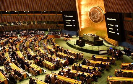 23日在紐約的聯合國總部上、採納烏克蘭提案的聯合國大會