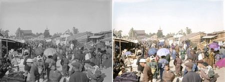 關東大地震後在東京淺草仲見世拍攝的照片（左）和彩色化照片（國立科學博物館提供、協助彩色化：東京大大學院教授渡邊英德）