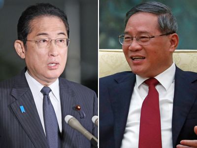 首相岸田文雄（左）與中國總理李強（AFP時事）