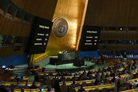 聯合國大會在12日就有關巴勒斯坦局勢決議後顯示其投票結果（AFP時事）