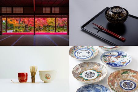 日本傳統文化檢定出題分類示意圖。（照片左上順時針）庭園、木漆工、陶磁器、茶道（日本傳統文化檢定協會提供）