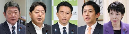 自民黨總裁選舉參選人。圖左起依序為:前幹事長茂木敏充、官房長官林芳正、農林水產大臣小泉進次郎、前經濟安全保障擔當大臣小林鷹之、前經濟安保大臣高市早苗