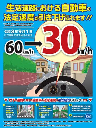日本警察廳宣傳單,介紹沒有中央分隔線或分隔島道路的法定速限將從時速60公里下調至30公里(取自日本警察廳網站)