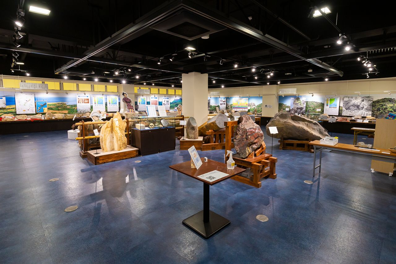 沖縄石の文化博物館は入場無料。県内で集めた珍しい岩石標本や、石製の民具などを展示している