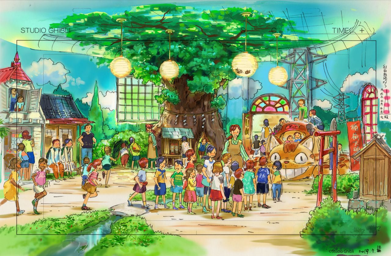 『となりのトトロ』のねこバスのぬいぐるみが置かれた広場のイラスト　　(C) Studio Ghibli