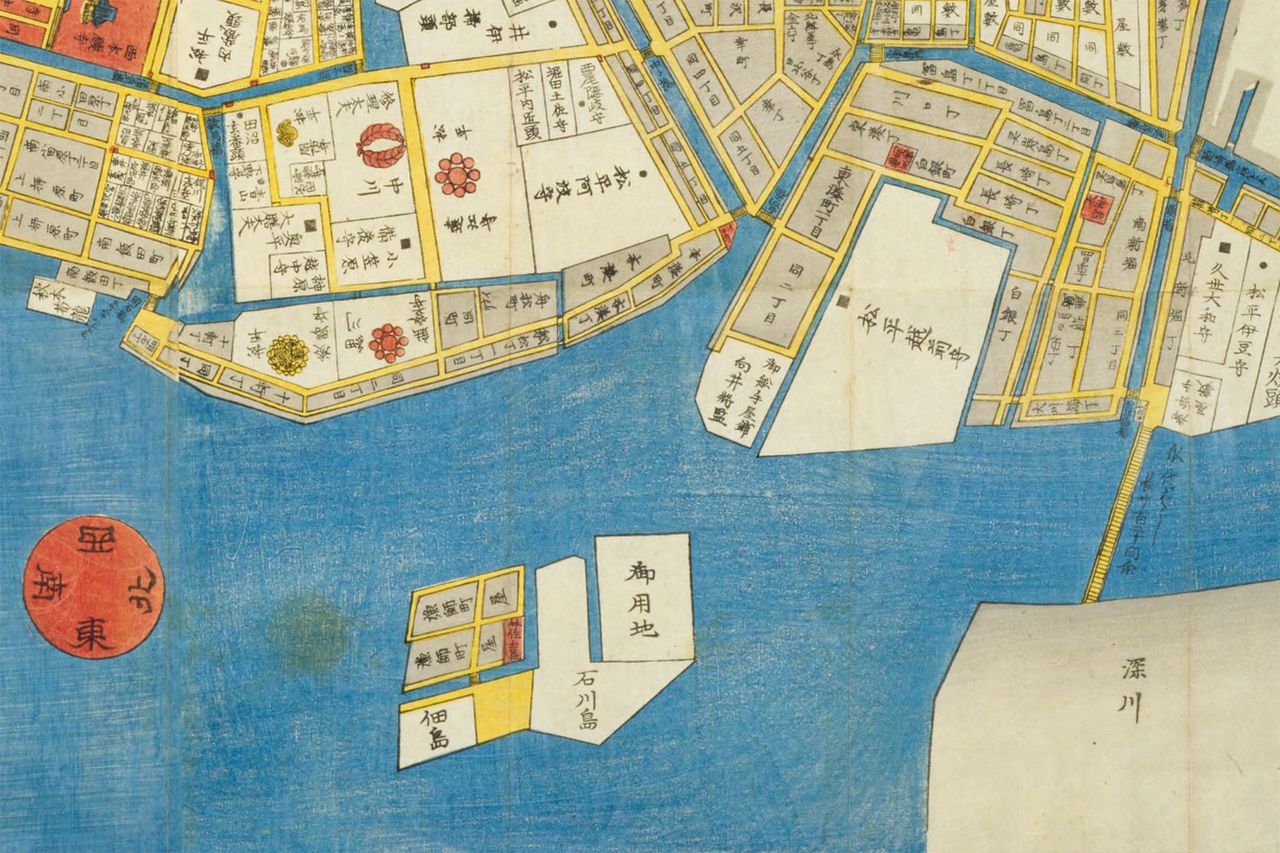 『江戸切絵図（嘉永3年 尾張屋板）』国会図書館蔵。佃島の北側にある石川島とは、江戸時代後期につながったようだ