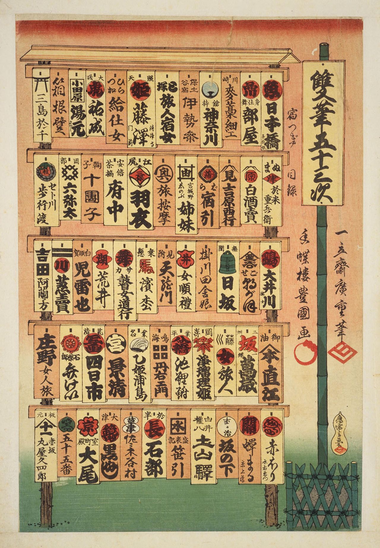 『双筆五十三次 目録』（1854年　国会図書館蔵）は、宿場名の木札を並べたようなデザイン。広重、三代豊国の名の下に、玄魚の名前も記される