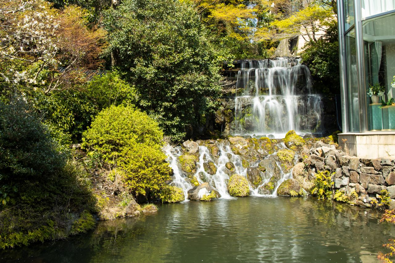 苔むした岩肌を流れる美しい五丈滝。滝の裏にはガラス張りの通路があり、水しぶきの間から望む庭園風景も人気