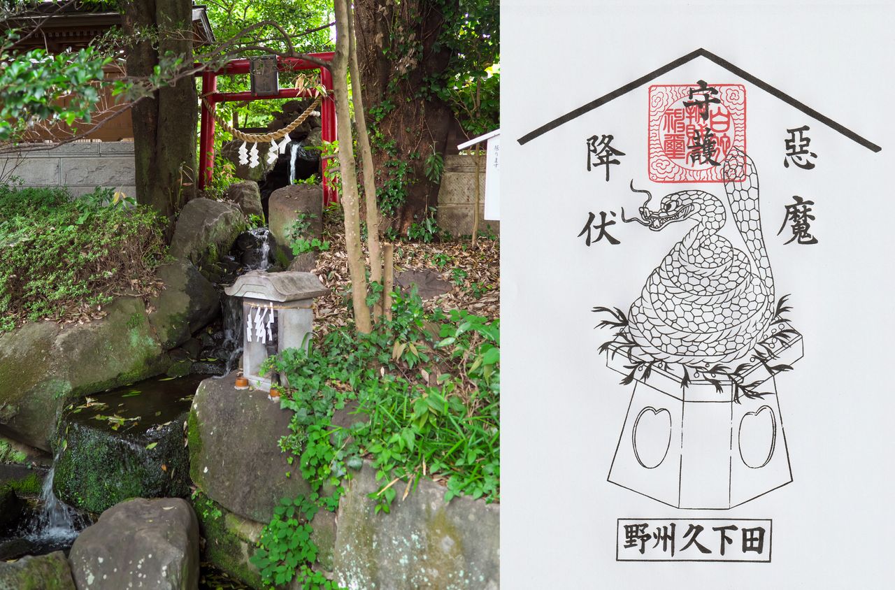 左:銭洗いの滝 PIXTA 右:白蛇が描かれた御朱印 著者撮影