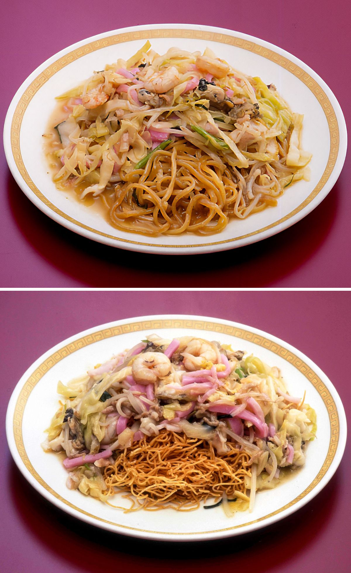 四海楼で提供している太麺の皿うどん(上)と油麺の「炒麺」(四海楼提供)