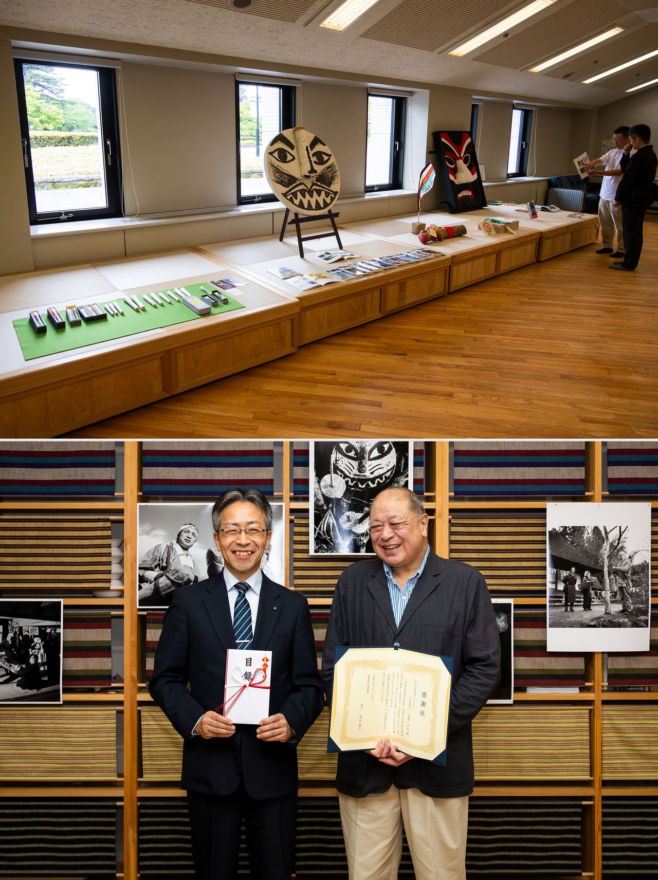 上:福島県立博物館は寄贈写真に記録された民具も収蔵 下:松山正行館長(左)は「県の魅力を伝える宝にしたい」と喜ぶ(ニッポンドットコム撮影)
