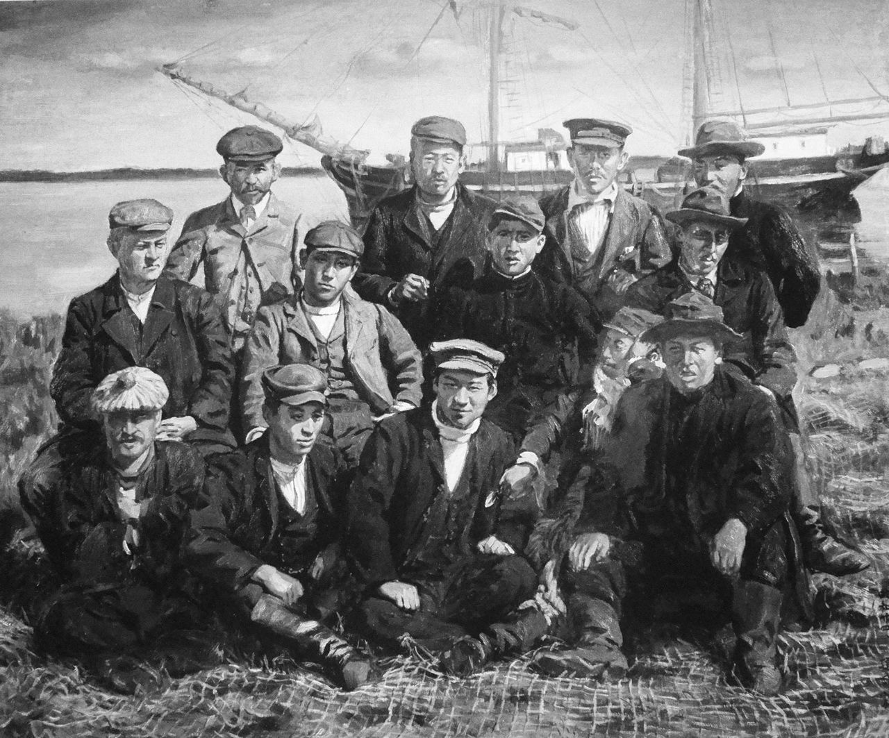 函館の画家・木村捷司の作品「宝寿丸出航」。東カムチャッカ・ウスカム港に到着時の光景。平塚常次郎(前列右から2人目)、堤清六(中央列左から2人目)、俳優ユル・ブリンナーの父親(中央列左端)