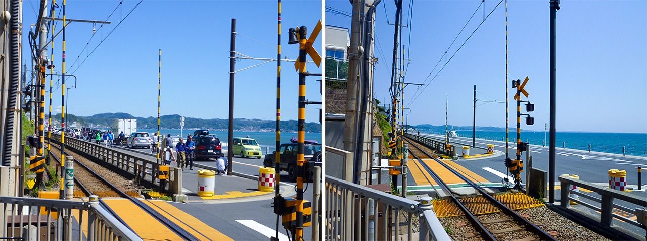 (左)4月19日、(右)4月29日=江ノ電「鎌倉高校前」駅そばで