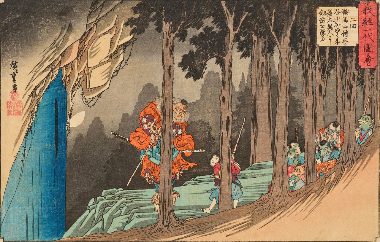 ゴッホの「アリスカンの並木道」(1888年、クレラー=ミュラー美術館、上)は意図的に空を排除し、手前にポプラ並木を配している。幹の直線を利用した並木の扱いは、浮世絵師の広重が得意とし、「義経一代図会」(1834~1835年頃、下 出典:Colbase)とよく似た構図が見いだせる=「ジャポニスム~幻想の日本」(ちくま学芸文庫)より