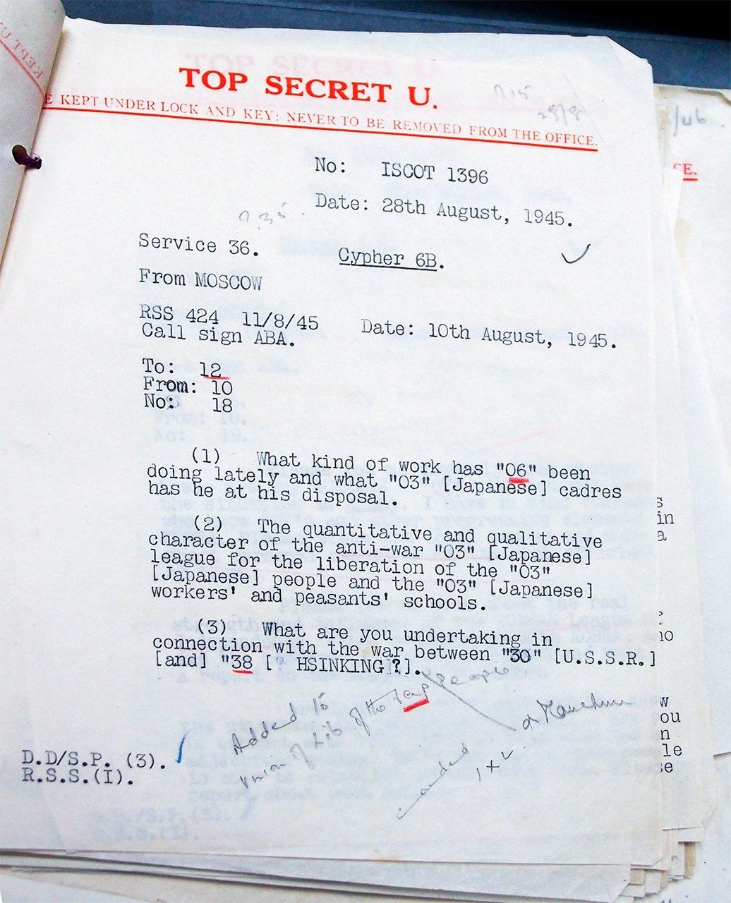 1945年8月10日発モスクワから中国共産党に宛てた傍受暗号電報。　延安の「日本人民解放同盟」などの状況に関する問い合わせ
出典：The National Archives, Kew. HW/17/42