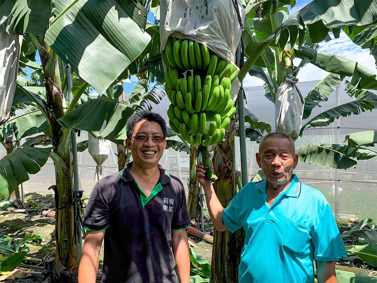 烏龍種バナナの生産農家の蘇明利（右）と息子の蘇竣奕（左）（内田直毅氏撮影）