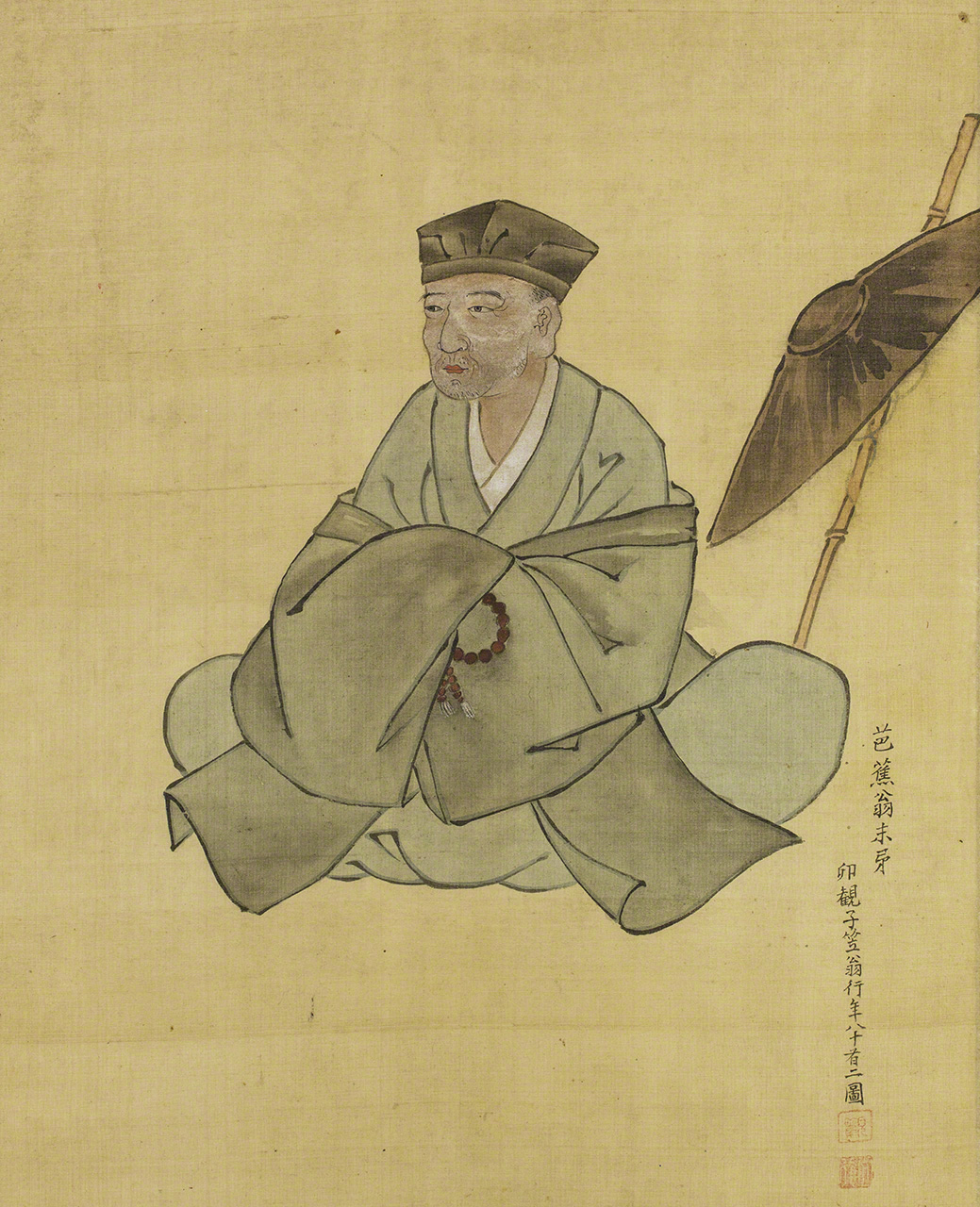 小川破笠（おがわ・はりつ）筆・芭蕉翁像。破笠は江戸中期の絵師・漆工で、芭蕉の門人。親しく接して描かれた肖像画である。芭蕉翁記念館蔵