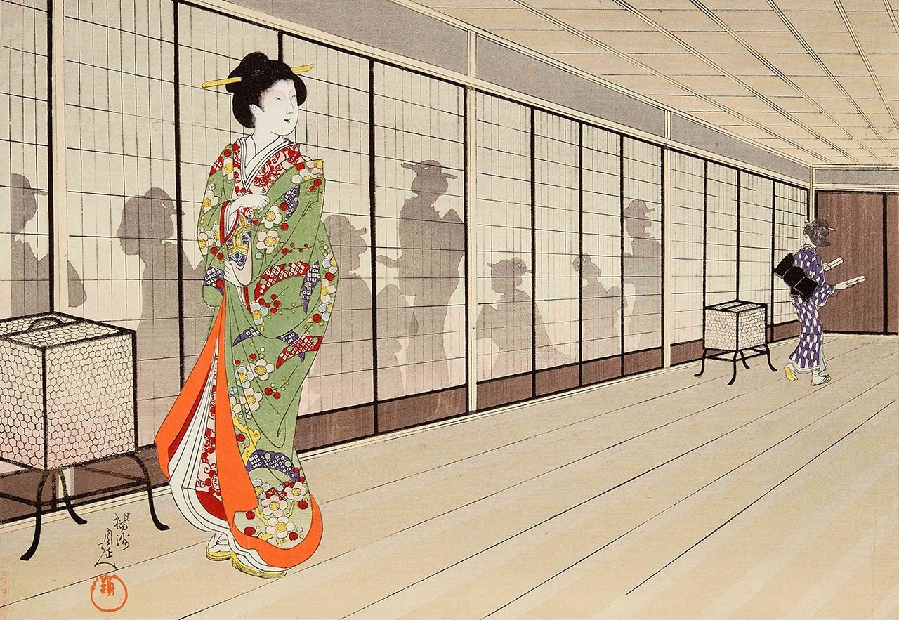 『江戸錦 長局』は、明治に入ってから描かれた大奥の錦絵。上級女中の住居エリアを描いている。もちろんこれは創作であり、実際の長局を描いた絵は残っていない。　東京都立中央図書館特別文庫室所蔵