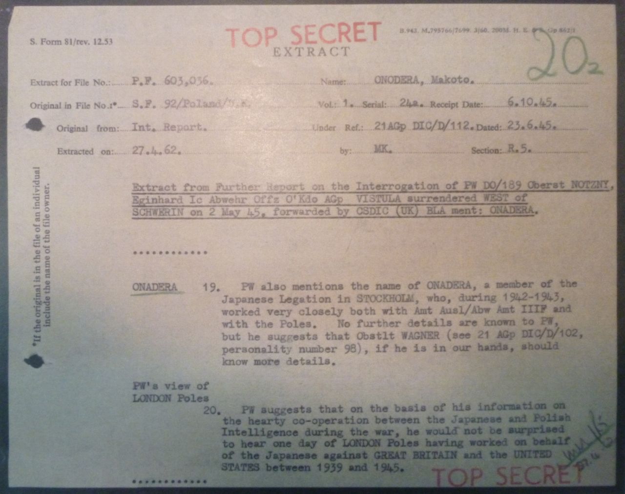 ドイツ情報士官がロンドンの亡命ポーランド政府は、英米を裏切って日本のために働いていたと証言した供述調書（英国立公文書館所蔵）
