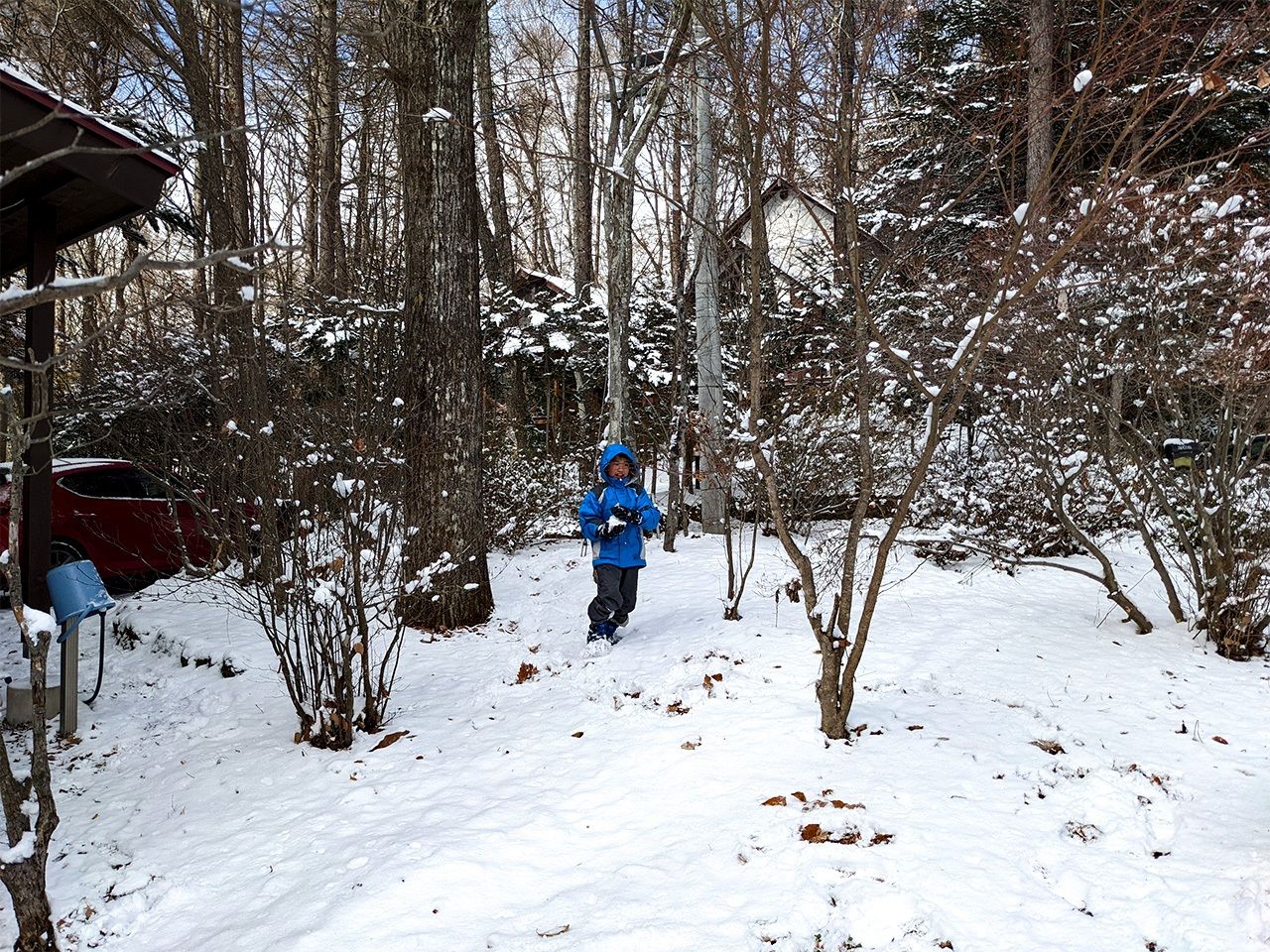 雪が降れば、庭はたちまち子どもたちの遊び場に。どこまで逃げても追いかけられる（筆者撮影）