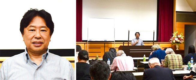 (左)町田明広・神田外語大学教授、(右)幕末史研究会で「朔平(さくへい)門外の変160年-姉小路公知(あねがこうじ・きんさと)暗殺の実相と歴史的意義」と題して講演する町田教授(2023年6月24日、都内の新宿歴史博物館)=評者撮影