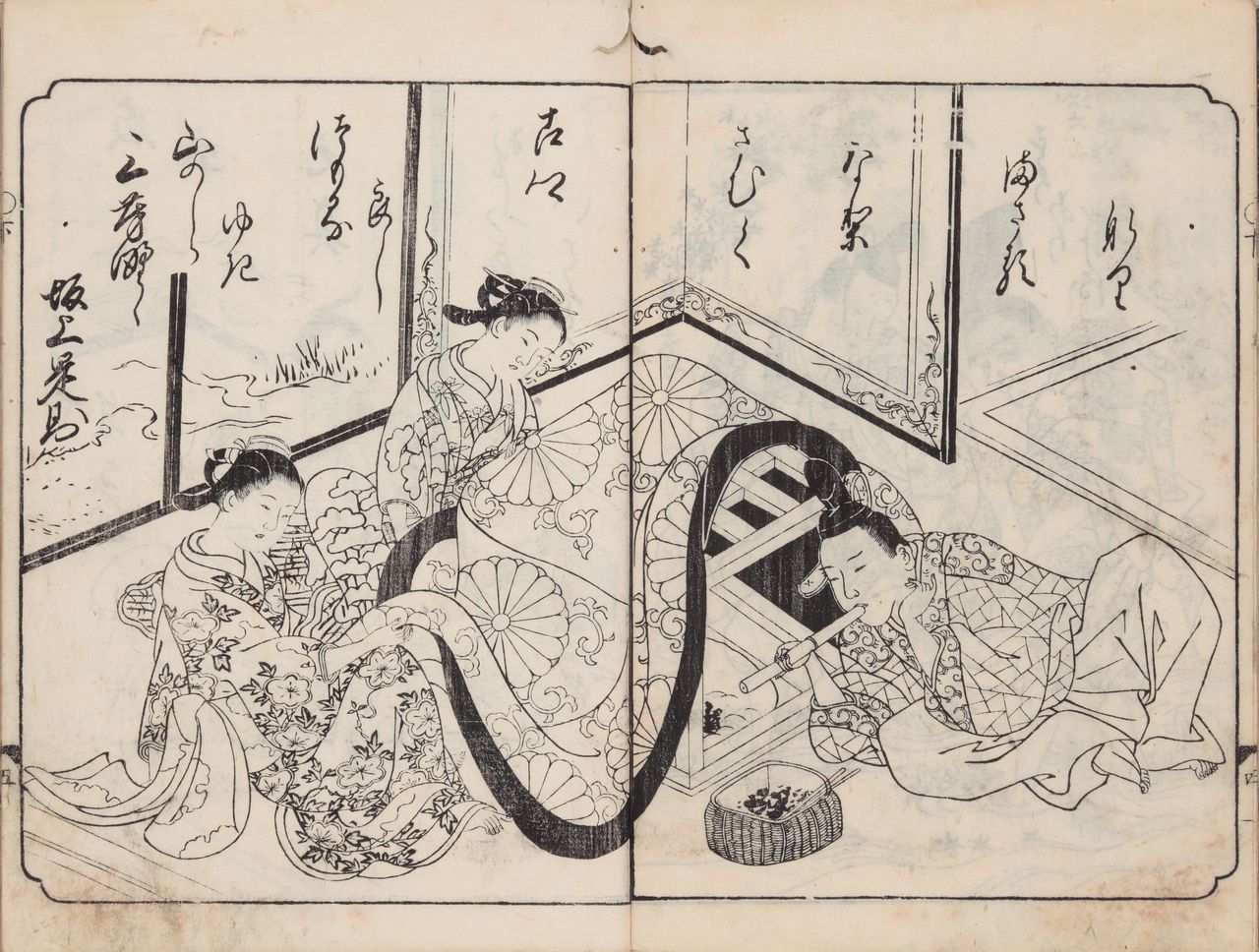 『絵本和歌浦』（1734 / 享保19年刊）に、炬燵に入れる炭に火を起こす家族の姿がある。国文学研究資料館所蔵