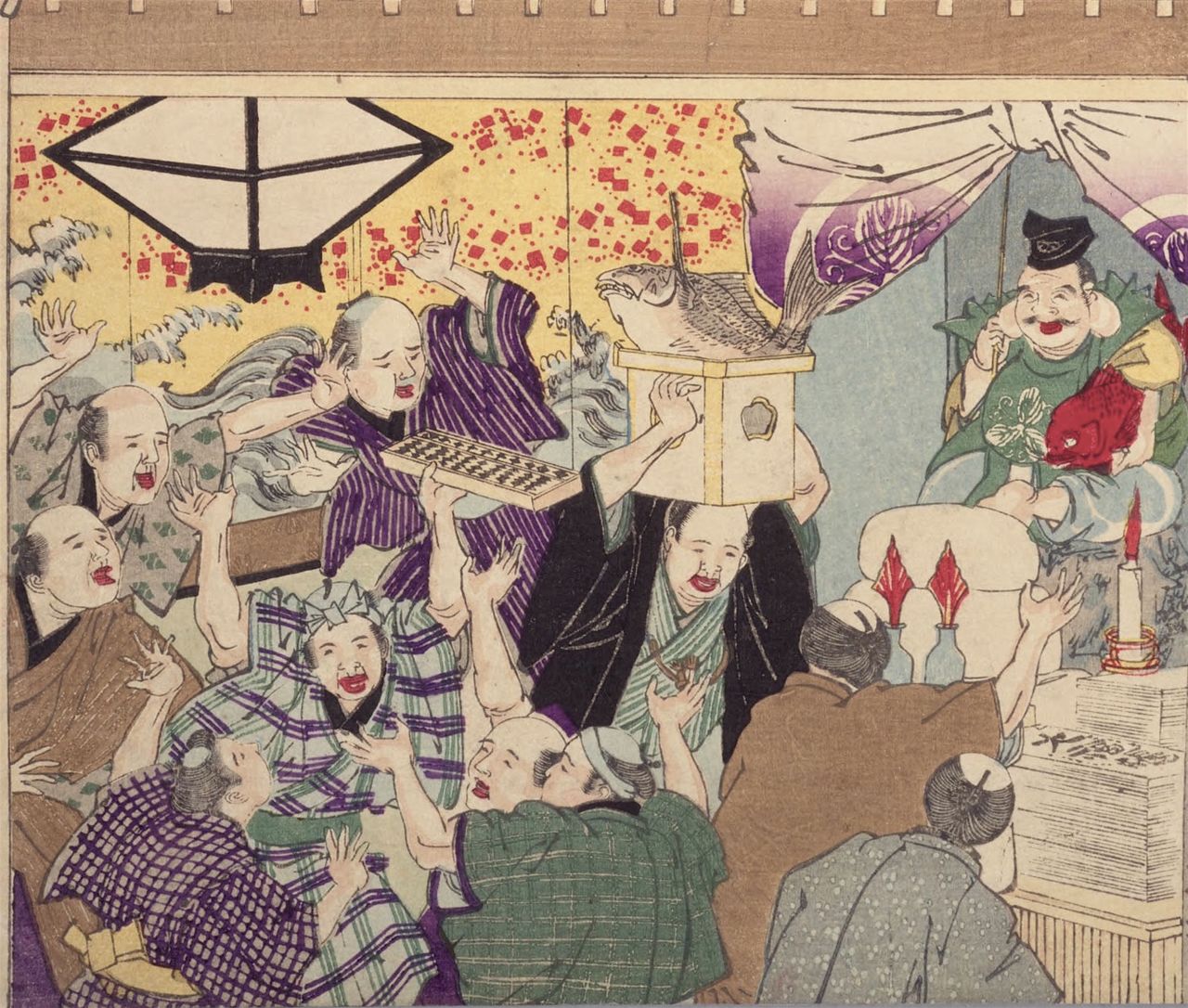 豪商が恵比寿講を開催している様子を描いた『江戸風俗十二ケ月の内 十月』。三宝台に鯛、算盤を持って騒ぐ商人、それを取り巻く客。国立国会図書館所蔵