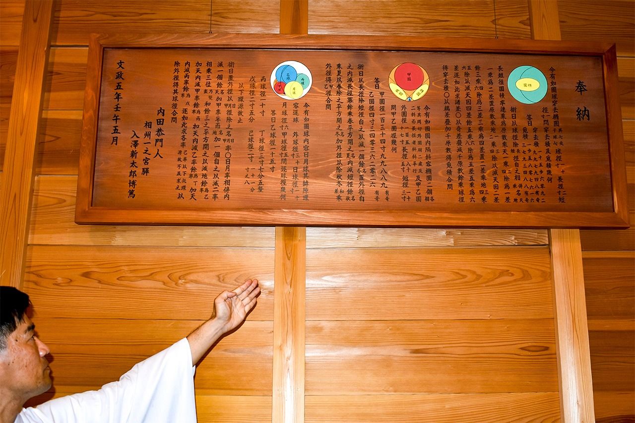 「古今算鑑」の記録を元に、寒川神社が復元・展示している算額（筆者撮影）